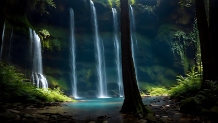Beautiful waterfall in the forest at night. Beautiful natural background.の素材