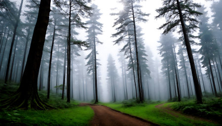Dirt road through the forest in a foggy day with trees and pathの素材