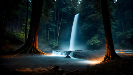 Waterfall in the forest at night with fog and long exposure.の素材