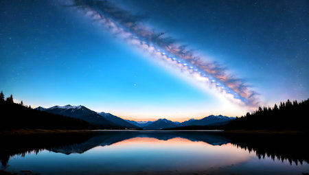 Milky Way over a lake with reflection of mountains in the waterの素材