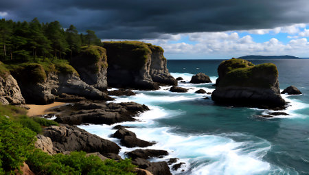Rocky coast of the Pacific Ocean with storm clouds in the backgroundの素材