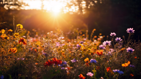 Beautiful field of wildflowers at sunset. summer landscape