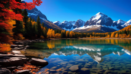 Mountain lake with colorful autumn forest and snow-capped peaksの素材