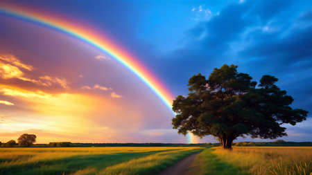 Rainbow in the sky over the meadow with a lonely treeの素材