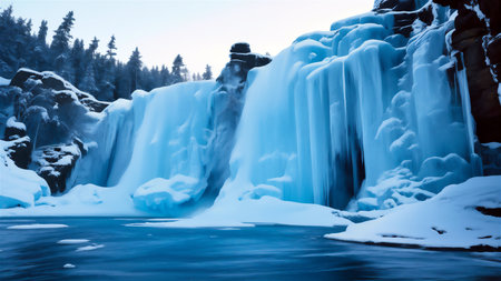 Frozen waterfall in winter, Finland. Blue toned image.