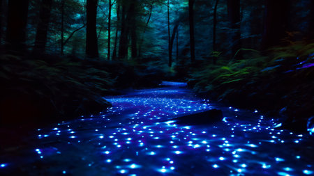 Night forest with a path through the water, illuminated by led lightsの素材