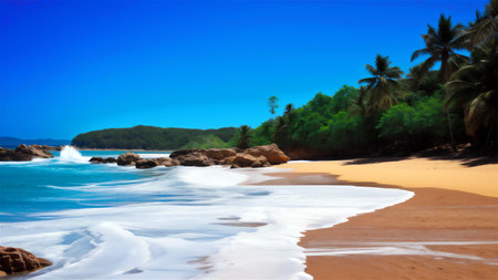 Tropical beach. Seascape with palm trees and waves.の素材