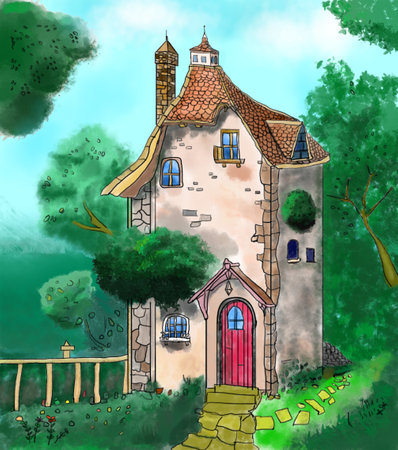 Watercolor illustration of an old house in the forest. Hand-drawn illustration.の写真素材