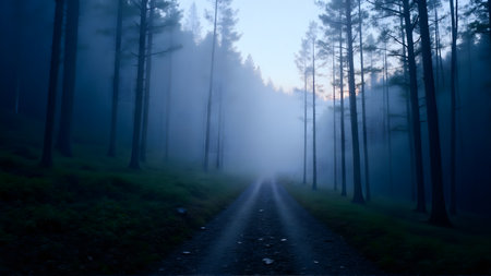 Road in the forest in the morning fog. Dark silhouettes of trees.の素材