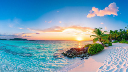 Beautiful tropical beach and sea with coconut palm tree at sunset time - Holiday Vacation conceptの素材