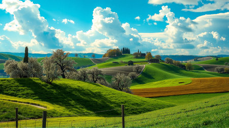 Beautiful landscape with green fields and cypressesの素材
