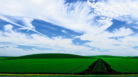 green field and blue sky with white clouds, beautiful photo digital pictureの素材