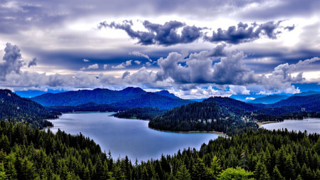 panoramic view of the lake and mountainsの素材