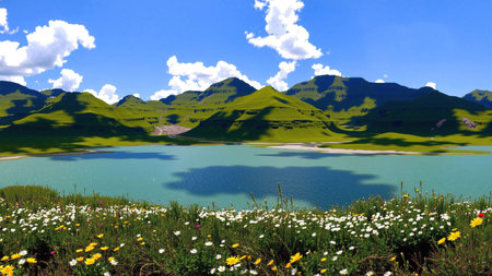 Beautiful mountain lake in the grasslands of Kyrgyzstanの素材