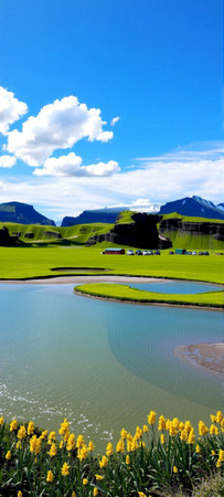 A beautiful view of a lake surrounded by daffodils.の素材
