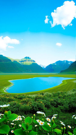 Beautiful landscape of grassland with lake and mountains in the backgroundの素材