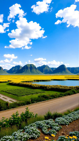 Flower field and road in Dalat, Vietnam. Dalat is one of the most beautiful cities in Vietnam.の素材