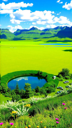 Beautiful green meadow with lake and mountains in the background.の素材
