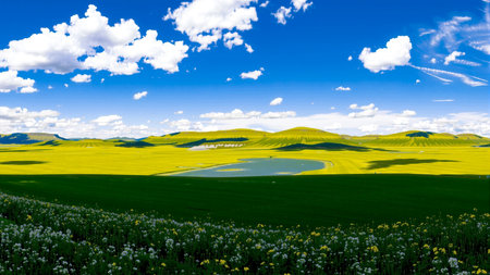 Beautiful spring landscape with blue sky and white clouds over yellow fieldの素材