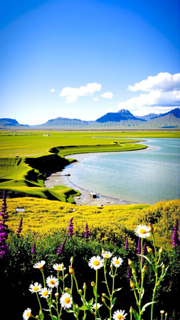 Beautiful landscape of Iceland with lake, mountains and blue sky.の素材