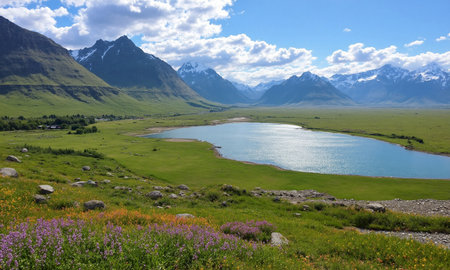 Mountain landscape with a lake in the foregroundの素材