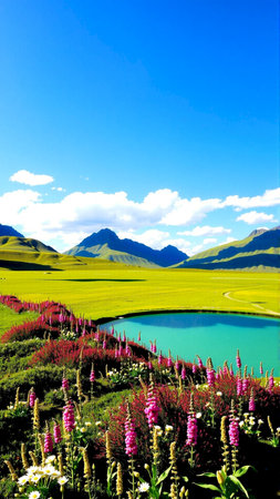 Beautiful scenery of grassland with lake and mountains under blue skyの素材