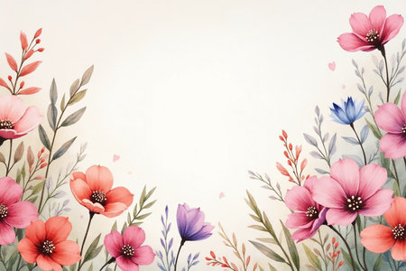 Watercolor floral background with pink and blue flowers. AI painted illustration.の素材
