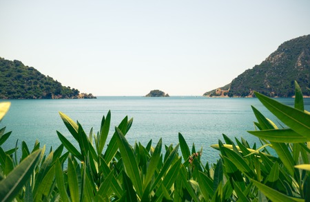 View from the green coast to the Aegean Seaの写真素材