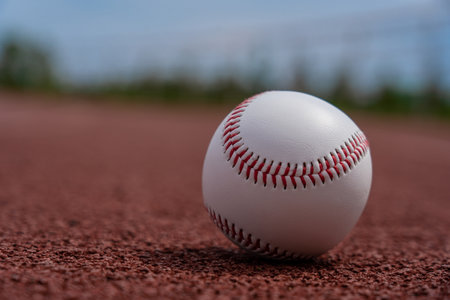 Baseball ball lies on the groundの写真素材