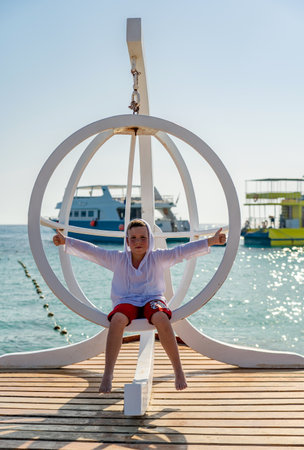 Boy on vacation on a swingの写真素材