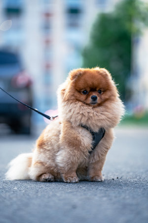A Pomeranian sits on the asphalt in the middle of the street with a leashの写真素材