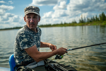 Close-up of an elderly fisherman fishing with a spinning rod