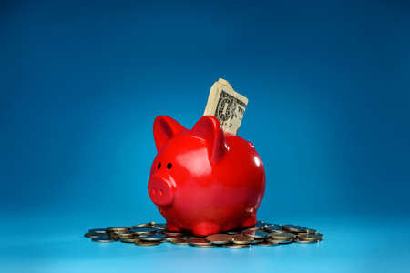 A piggy bank sits on a pile of coins. Family budget concept.