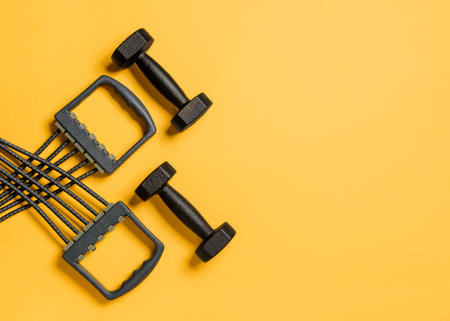 Flat lay composition with a gray expander and black dumbbells on a yellow background with copy space. Healthy lifestyle concept.の写真素材