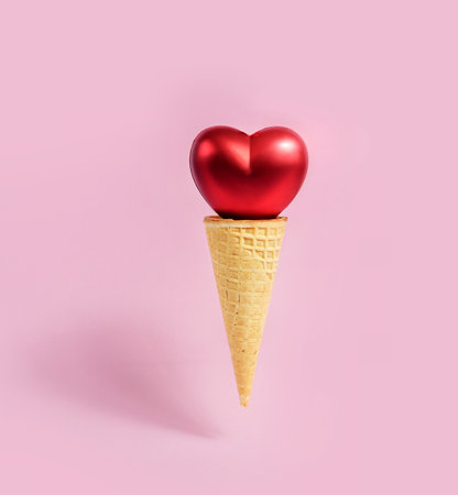 heart in a waffle cone on a pink background. Valentine's Day concept.の写真素材