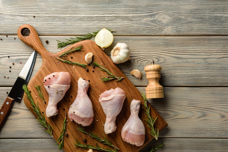 chicken legs on a cutting board close-up with copy space.の写真素材