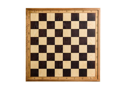 Chess board isolated on white background. Wooden chess board, shot from above.の写真素材
