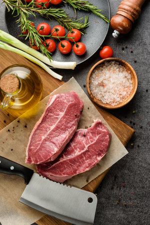 Ingredients for cooking beef steaks, removed from the top.の写真素材