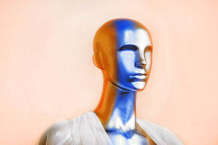 Colored mannequin close-up on a light background with copy space.の写真素材