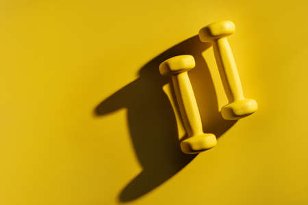 a pair of yellow dumbbells lit by the sun on a yellow background with copy space.の写真素材