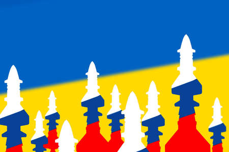 Silhouettes of combat missiles on the background of the flag of Ukraine. Conflict between Russia and Ukraine. The concept of militarization.の写真素材