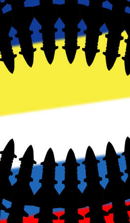 Black silhouettes of missiles aimed at each other against the background of the flags of Ukraine and Russia.の写真素材