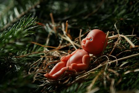  doll in hands of a little girl lying on a hay