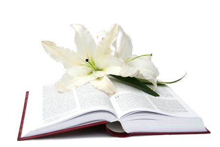 Bible and easter lilies on a white backgroundの写真素材