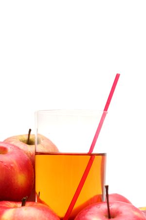 Red apples and apple juice on a white backgroundの写真素材