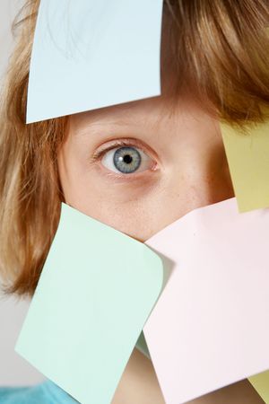 Portrait of young  girl with colorful funny stickersの写真素材