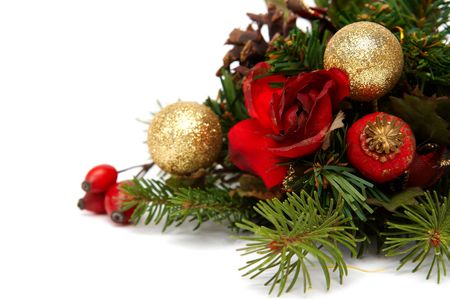 Colorful bulbs, spruce and other christmas decorationsの写真素材