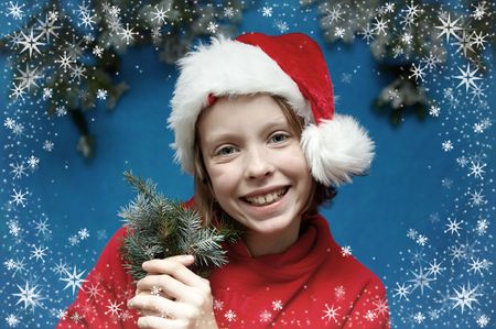 Children wearing Santa Claus hats and snowflake frame
