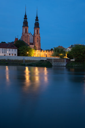Panorama of the city by the river in the eveningの写真素材