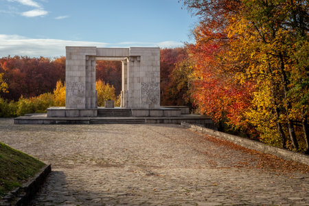 Monument to the Uprising on St. Anna Mountain by Xawery Dunikowski in autumn surroundings. Socialist realismの写真素材